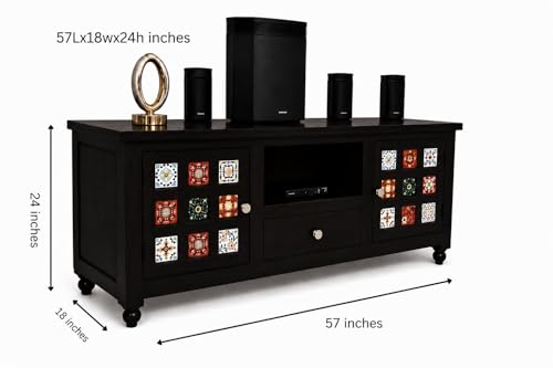 Image of Solid Sheesham Wood TV Entertainment Unit 1 Drawer 2 Door Cabinet with Handcrafted Multicolor Tile Design (Walnut)