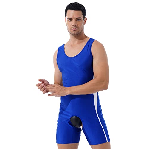 Daenrui Men's Wrestling Singlet One-Piece Bodysuit Jumpsuit Sleeveless Mankini Romper Swimwear Blue X-Large