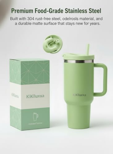 Image of KiKiluxxa 1200ML Stainless Steel Tumbler with Lid, Dual-Sip Sipper (Direct & Straw Sip) - Large Insulated Travel Cup for Water, Coffee, Iced Tea - Perfect for Office, Gym & Travel (DS-Light Green)