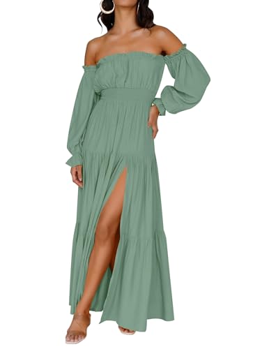 ZESICA Women's Boho Off Shoulder Spring Long Sleeve Dress 2026 High Waist Side Split Sexy Flowy A Line Long Maxi Dresses Green Small