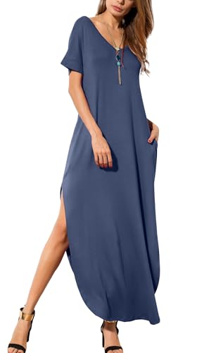 Image of GRECERELLE Women's Summer Maxi Dress Casual Loose V Neck Short Sleeve Side Split Long Dresses with Functional Pockets