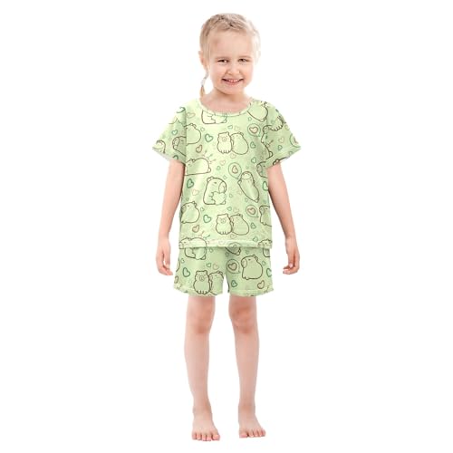 Cute Capybara with Hearts Green Summer Cute Pajama Sets, Short Sets for Daily Wears and Sleep Wears3