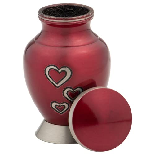 Loving Hearts Keepsake Cremation Urn for Ashes, Brass, Red Urn, Keepsake Sized Cremation Urn, 3 Inches High