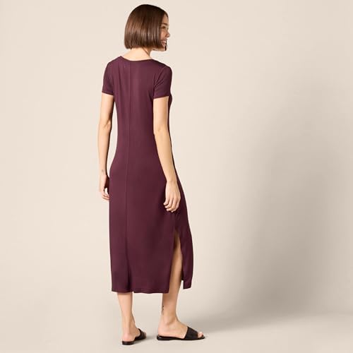 Image of Amazon Essentials Women's Regular Fit V-Neck Short Sleeve Midi Length T-Shirt Dress, Soft Viscose Stretch Jersey, Side Slits