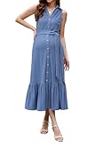 OUGES Womens 2025 Spring Maternity Dress Polo V Neck Ruffle Button Down Tank Pregnancy Dress Business Casual Work Dress Maternity Clothes with Pockets(Light Blue,XL)