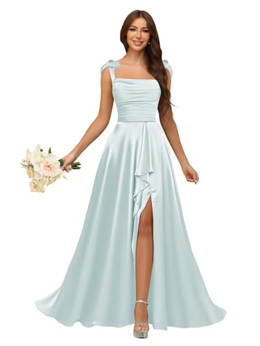 Vestidos de dama de honor de satén con tirantes delgados para mujer, largo plisado, formal, vestido de noche con bolsillos, Azul/claro, 8