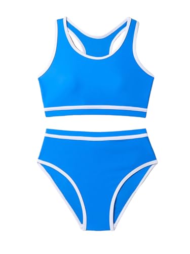 QJQ Girl's 2 Piece Swimsuits Contrast Trim High Waisted Bathing Suit Cute Scoop Neck Bikini Sets