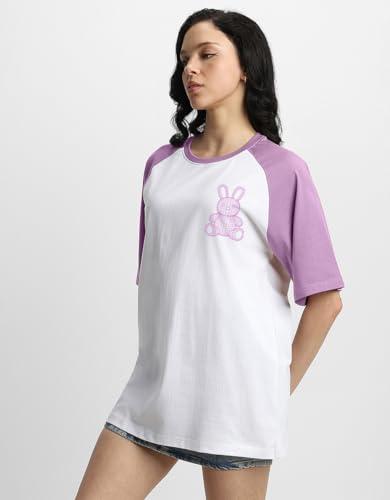 Image of JUNEBERRY 100% Pure Cotton Oversized Baggy Fit Drop Shoulder Round Neck Graphic Printed Raglan Sleeve T-Shirt for Women (Sizes: S to 2XL)