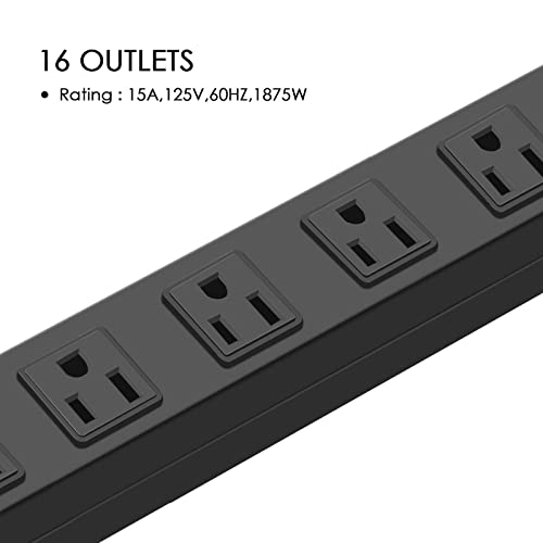 Regleta de alimentación metálica para montaje en pared HHSOET, 16 tomas, cable de extensión de 15 pies (14 AWG), 15 A, 125 V, 1875 W, color negro | Resistente, con espaciado amplio entre tomas, para escritorio, garaje y taller miniatura 5