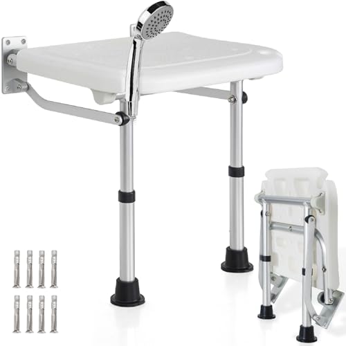 OUUTMEE Wall Mounted Shower Seat with Adjustable Legs, Folding Shower Chair for Inside Shower, Fold Down Shower Stool Bath Bench for Senior Elderly Adults Disabled, Load Capacity 400LBS