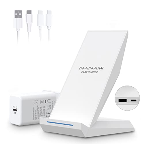 NANAMI Wireless Charger with 30W USB-C Charger – 15W Max Cordless Charging Stand for Samsung Galaxy S24 Ultra S23 S22 S21 S20 S10 S9 S8, 2-in-1 Qi Fast Contact Charger for iPhone 15 14 13 12 11 X 8P 8