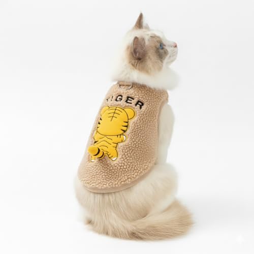 Soft Teddy Pet Dress with Harness Ring Lightweight Cat & Small Dog Outfit for Daily Wear | Cute Panda Tiger Dino Design | Comfortable Indoor & AC Wear Vest (Beige Large)