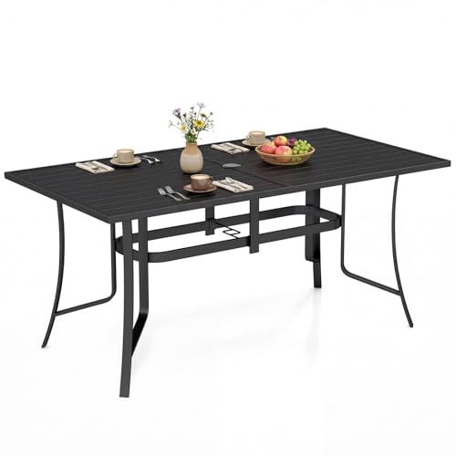 COSTWAY Table de Jardin Rectangulaire pour 6 Personnes, Table à Manger Extérieure en Métal avec Trou pour Parasol Plateau à Lattes, pour Terrasse Balcon...