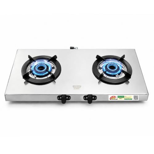 URBAN CHEF Swift gas stove 2 burners Stainless Steel | 2 burner gas stove | 5G Forged Brass Burners | Gas Chulha 2 burner | Gas-Saver | Manual | LPG & PNG Compatible | 2 Years Warranty