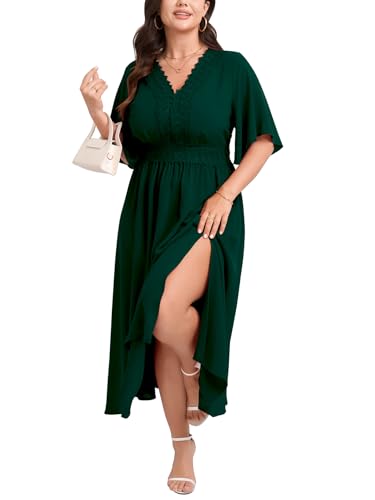 Image of SCOMCHIC Womens Plus Size Summer Maxi Dress Short Sleeve V-Neck Lace Boho A-Line Slit Flowy Wedding Guest Cocktail Dresses