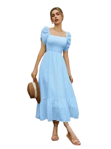 Image of Shreyam Girl's & Women's Solid A-Line Ruched Puff Sleeve Maxi Long Evening One Piece Long Dress for Women Stylish