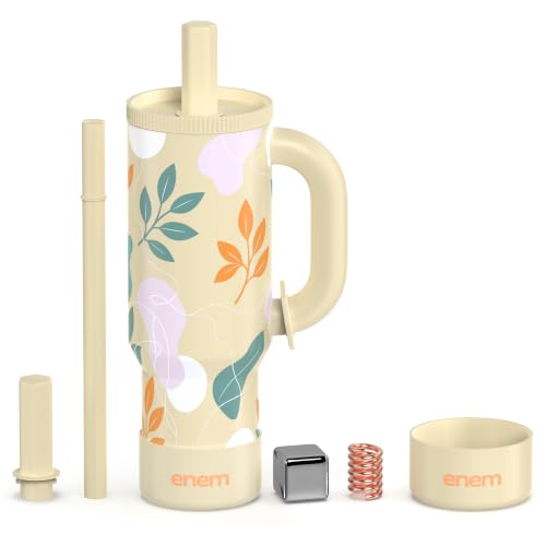 Image of enem Desert Leaf Plugged Straw Tumbler with Handle, Stainless Steel Large Travel Mug Water Cup, Mug Travel with 1 Metal Ice Cube, 1 Copper Spring (Tamba) & Base Protector, 1.2L