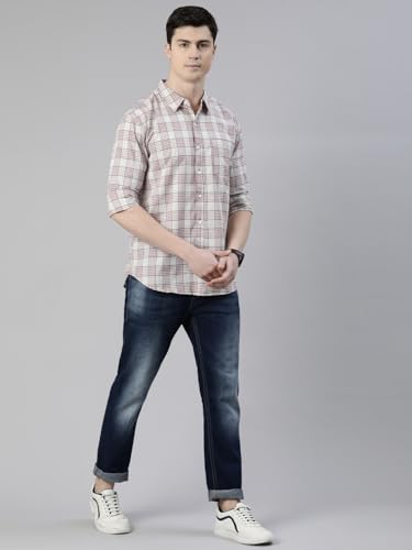 Image of JOVEN Men Slim Fit Pure Cotton Brown and Dark Green Casual Checked Shirt