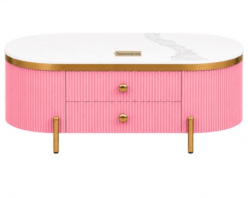 Image of Tesla Centre Table, 42x24x18 Inch, Nano Composite White Marble Top, Gold Accents, 2-Drawer Storage, Oval Design, Waterproof Plywood, PVD Legs, Modern Coffee Table for Living /Entryway
