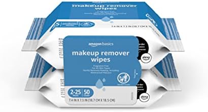 Amazon Basics Make Up Remover Wipes, Fragrance Free, 50 Count (2 Packs of 25) (Previously Solimo)