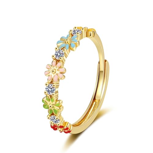 Lovely Daisy Flower Rings Dainty Blooms Enamel Crystal Adjustable Open Ring Colorful Sunflower Wedding Engagement Ring Finger Band Eternity Dainty Jewelry Gifts Delicate Everyday Ring for Women