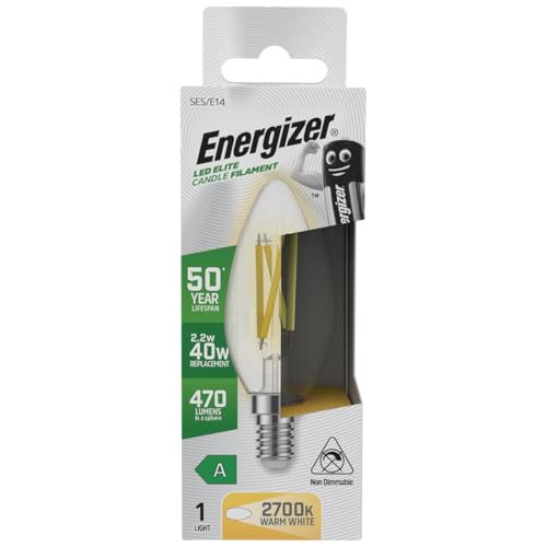 Energizer A Rated LED Elite Candle E14 Filament 470lm 2.2W 2700K - Warm White Light Bulb