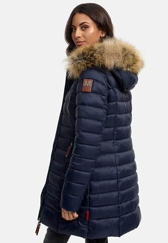 MARIKOO Damen Wintermantel warmer Steppmantel lang mit Kapuze und abnehmbarem Kunstfell-Kragen Rose Blau Gr. L