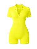 OQQ Women Rompers Ribbed Short Sleeve Zip Front Stretch Tummy Control Yoga Workout Rompers Yellow
