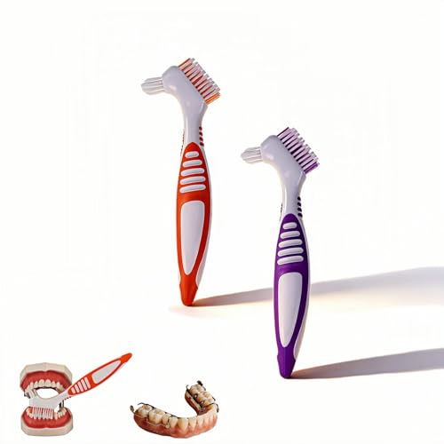 Denture Brush 2-Pack - Dual Head Denture Cleaner with Angled Bristles & Non-Slip Handle | Soft Nylon Brushes for Dentures, Retainers & Night Guards | Denture Care Kit for Seniors (orange/purple)