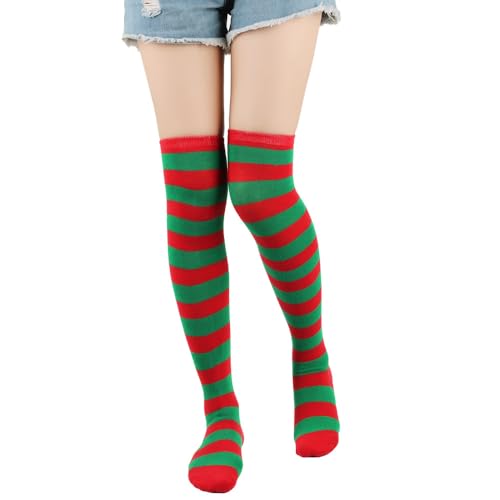 KorhLeoh Christmas High-Knee Striped Socks for Women Red-Green Long Tube Socks Stockings Costume for Daily Wear Cosplay