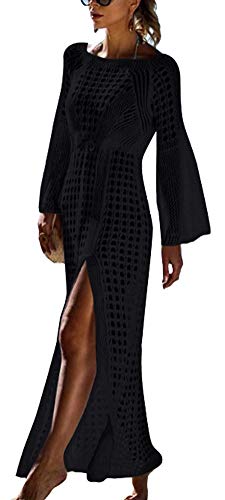 FSMODamen Langarm Strandkleid Gestrickte Schlitz Bikini Cover Up Strandponcho Sommer Lange Kaftan Maxikleid (Einheitsgröße, Schwarz)