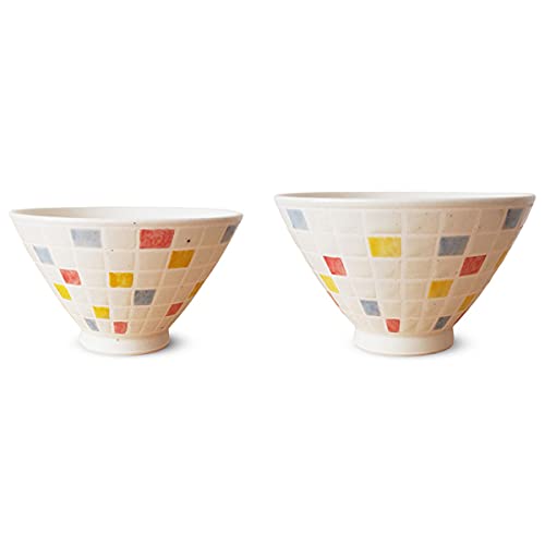J-kitchens 勲山窯 ペア 茶碗 12.6cm & 11.5cm 波佐見焼 日本製 ステンド 格子