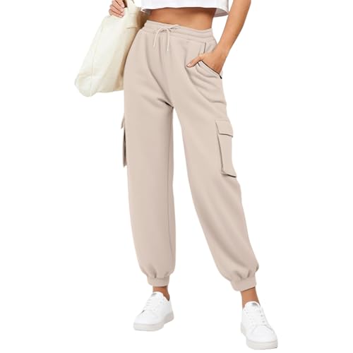 PODOLIXIA Pantalones de chándal largos para mujer, pantalones largos de deporte, pantalones cargo holgados, muchos bolsillos, pantalones de entrenamiento, pierna recta, pantalones de chándal con puños