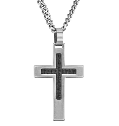 Pendentif croix homme Traveller en acier et carbone pour offrir en cadeau
