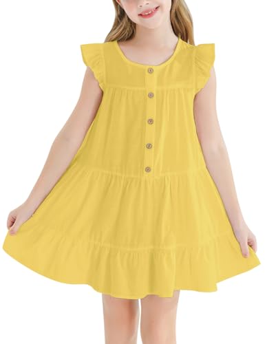 Girls Dresses Button Down Flutter Long Sleeve A-Line Sundress Casual Midi Dresses for 6-14 Years Kids