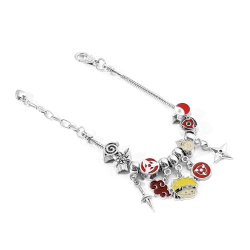 Anime Themed Charm Bracelet, Silver Metal, Red Enamel Charms, Ninja Character Design, 7.08 Inch Chain with 1.96 Inch Extender, Cosplay Jewelry4