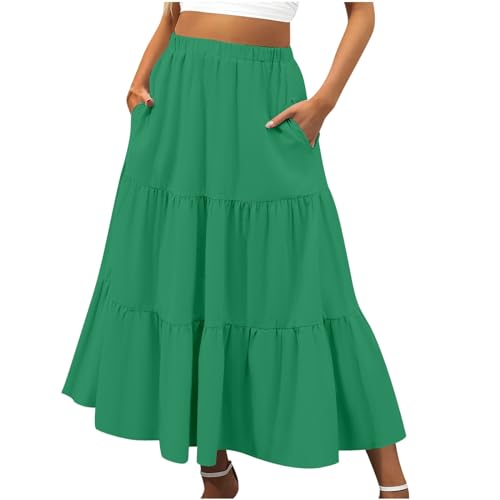 Summer Maxi Skirt for Women Boho Lightweight Flowy Tiered Long Beach Skirts with Pockets, Green, Large