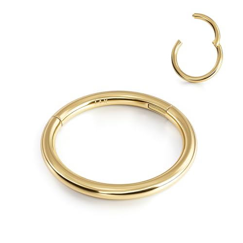 BodyBonita Hinged 14K Solid Gold Plated Nose Rings Hoops - 16G Septum Rings Clicker Hypoallergenic Cartilage Earrings for Women Conch Piercing Jewelry Helix Tragus Lobe Daith Snug Belly Button 8mm