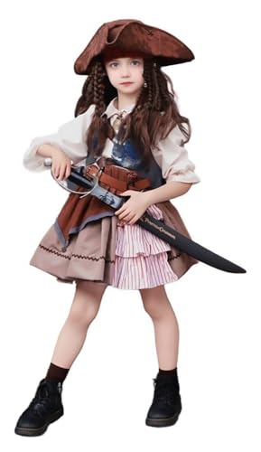 Halloween Girls Pirate Princess Lolita Dress Kids Brown and Blue Tutu Skirt with Tricorn Hat Belt Accessories2