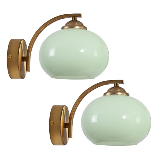 Image of Green Glass Kitchen Sconce Light Brushed Gold Bathroom Vanity Light Vintage Hardwired Wall Sconce Set of 2 Mid Century Modern Wall Lighting