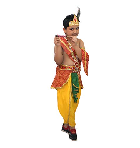 Image of Kaku Fancy Dresses Krishna Costume With Dhoti For Boy /Janmashtami /Bal Gopal Dress /Kanha Costume /Bal Krishna /Mythological Costume For Boy - Yellow-Red, 1-2 Years