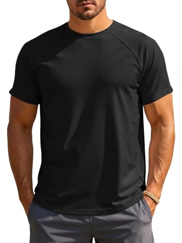 Runcati Herren T-Shirt Kurzarm Rundhals Funktionsshirt Männer Sommer Schnelltrocknend Sportshirt Slim Fit Casual Oberteile Einfarbig Basic Shirts Schwarz M