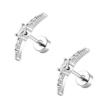 FLECHAZO Pendientes de tuerca con parte trasera plana para mujer, aretes de tuerca de acero inoxidable 316L, piercing para cartílago, hélice, tragus, lóbulo, Acero inoxidable, Circonita cúbica