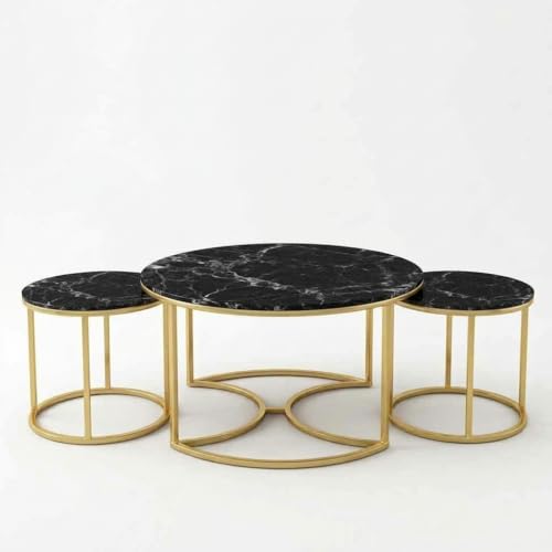 Image of 3 Piece Living Room Set - 1 Center Table and 2 End Nesting Tables, Round Stacking Coffee Side for Small Space, Nightstand Bedside Black and Golden