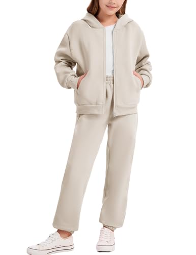 Flygo Girls Boys Fleece Sweatsuit 2 Piece Jogger Sets Zip Up Hooded Sweatshirts and Sweatpants with Pockets