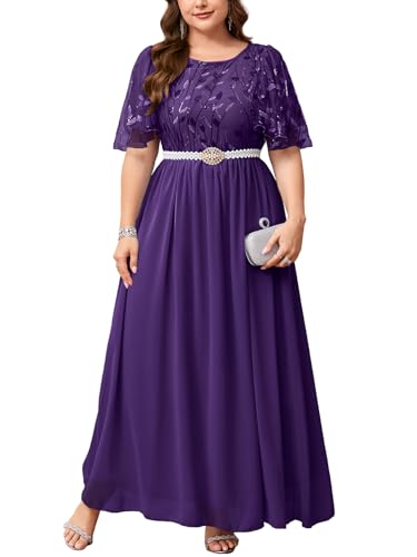 ZOMVA Plus Size 0X-4X Sequin Embroidery Formal Long Dress with Pearl Belt Glitter A Line Prom Wedding Guest Evening Gown