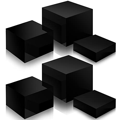 Bucherry 6 Pcs Acrylic Display Risers - Nesting Cubes 5 Sided with Hollow Bottoms Display Stand Shelf for Cosmetics Food Collectibles Jewelry Figures Show (Black)