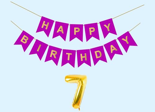 Image of 7th Happy Birthday Decoration Kit Purple for 7 year Old Boys Girls Kids with Number Seven Party Decorations Decor Celebration Items Item Set Combo Reusable Paper Banner
