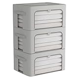 CYhom 3Pack Frame Storage Box - Clothes Storage Bin Bags Oxford Fabric Foldable Stackable Container Organizer Set with Clear Window & Carry Handles (Grey, Medium-44L)