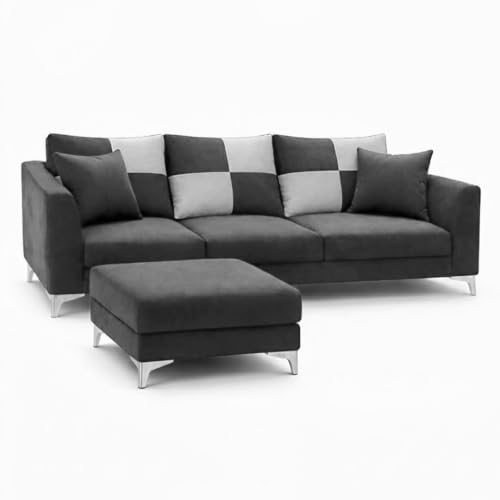 Image of Romeo Rich 4 Seater L Shape Sofa Set with Movable Ottomans | Flexible Layout | Velvet Suede Fabric | Golden Aesthetic Legs | Modern Sofa for Living Room (Dark Grey)